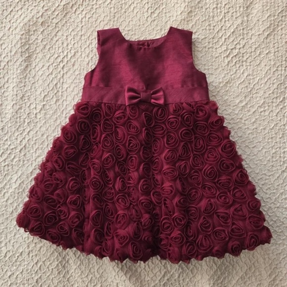 Baby Girl Floral Lined Burgundy Dress with Diaper Cover set of 2 - Picture 3 of 9